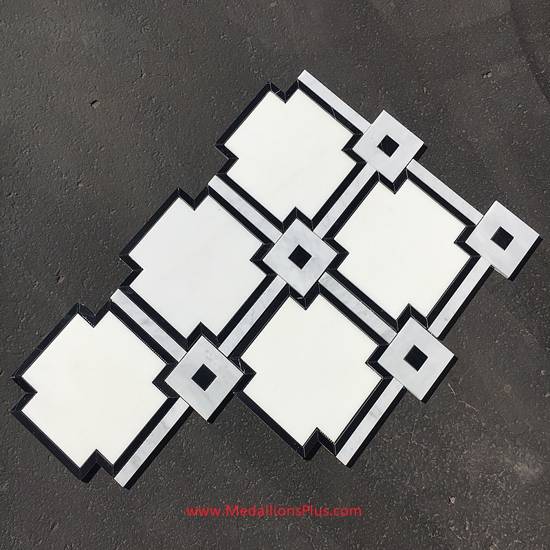 Squares - Thassos White, Carrara & Nero Marquina Marble Waterjet Cut Tile