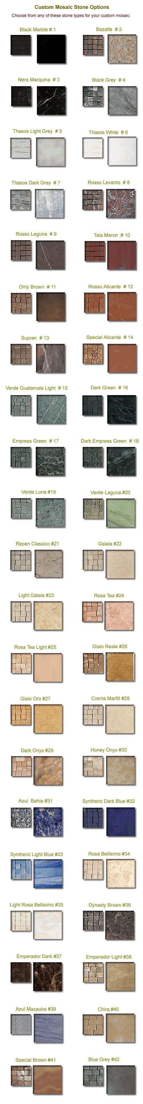 Custom Mosaic Stone Options - Choose from any of these stone types for your custom mosaic.